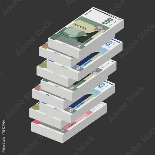 Bulgarian Lev Vector Illustration. Bulgaria money set bundle banknotes. Paper money 5, 10, 20, 50, 100 BGN. Flat style. Isolated on white background. Simple minimal design.