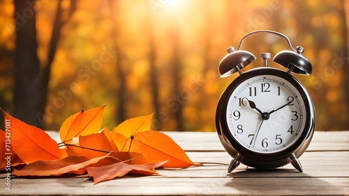 Autumn vibes captured: daylight saving time clock and orange leaves on a wooden table, signaling fall's arrival. photo