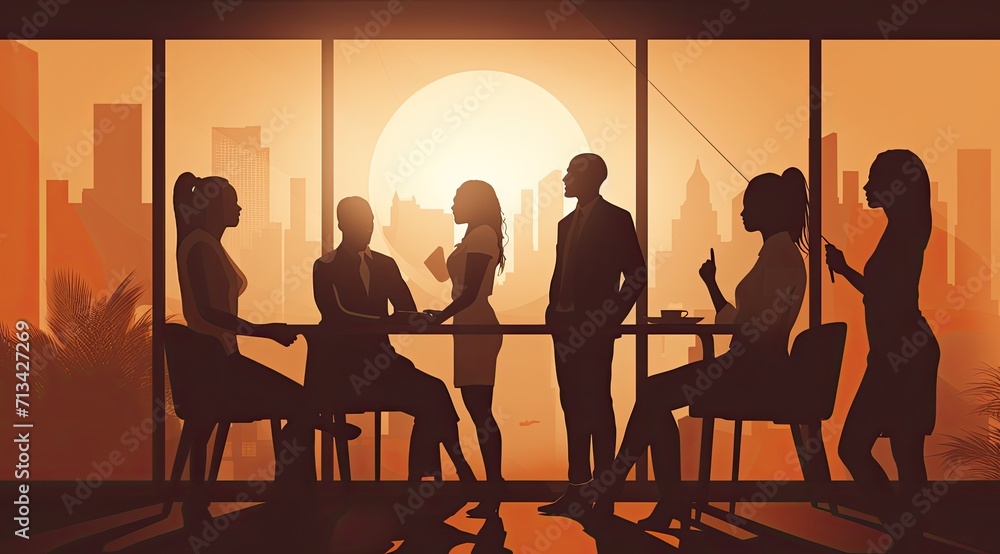 A group of people gather around a table, their silhouettes illuminated by the soft glow of a window, each adorned in unique clothing and footwear, creating a beautiful and dynamic living art piece