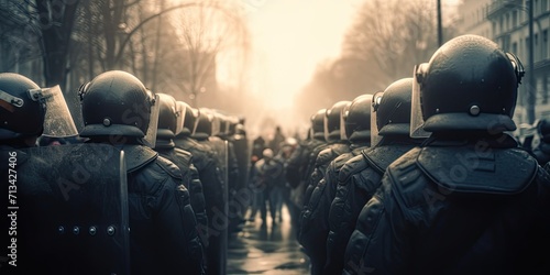 A group of individuals donning riot gear march through the streets, their stoic expressions and powerful presence a reflection of the outdoor chaos that surrounds them photo