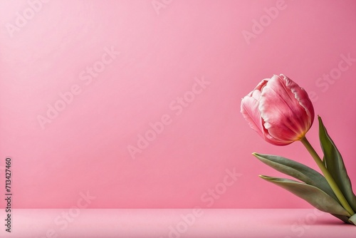 tulip with leaves on pink background with copy space, flower banner #713427460