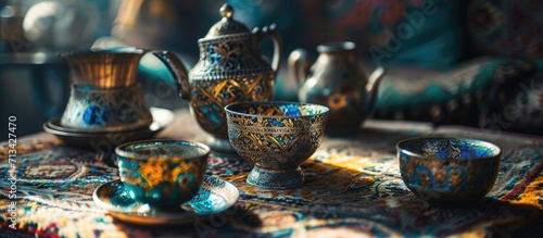 Hand made silver items with cloisonne enamel in progress Traditional work in the mountain village of Kubachi Dagestan. Copy space image. Place for adding text