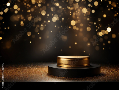 Black podium product stage with spotlight and golden glitter background. 