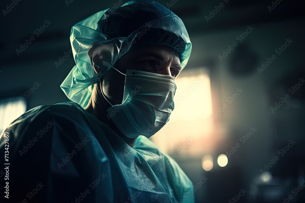 A masked figure glows in the soft indoor light, their scrubs hinting at a medical profession and sparking curiosity about their purpose A masked figure glows in the soft indoor light, their scrubs hinting at a medical profession and sparking curiosity about their purpose