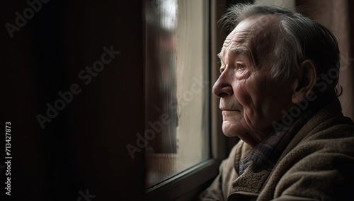 A stoic elder gazes out a window  his wrinkled face and worn clothing tell a story of a life well-lived  framed by the indoor wall behind him