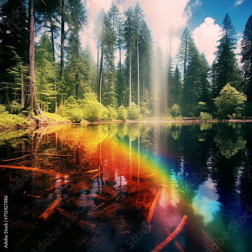 Rainbow lake in a forest