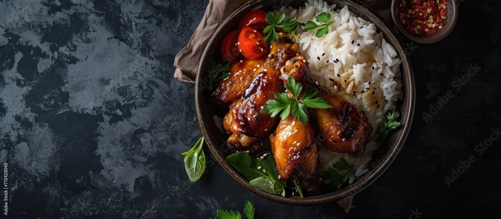 A bowl of delicious honey garlic chicken drumsticks with rice. Copy space image. Place for adding text A bowl of delicious honey garlic chicken drumsticks with rice. Copy space image. Place for adding text