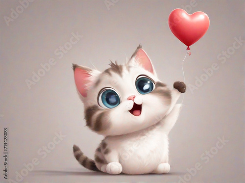 Baby kitten sitting smiling plays innocently with a balloon