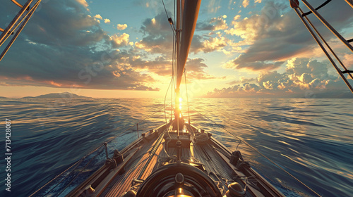 An immersive image of a sailor steering the ship through a calm and expansive ocean, with the sunlight casting a warm glow on the sailor's face and the surrounding seascape, creati