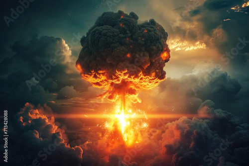 Nuclear explosion of an atom bomb with a mushroom cloud photo