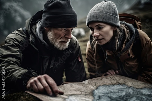A couple braves the cold, their faces determined as they navigate the winter landscape, their jackets providing a shield against the biting wind, all while studying a map to guide their adventure © Vladan