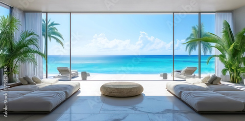 Modern apartment with panoramic windows overlooking the blue tropical sea view.