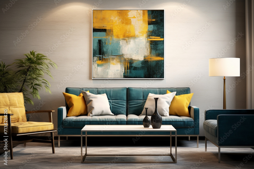 Loft home interior design of modern living room. Dark turquoise tufted sofa with virant yellow pillows against beige stucco wall with abstract art poster frame Loft home interior design of modern living room. Dark turquoise tufted sofa with virant yellow pillows against beige stucco wall with abstract art poster frame