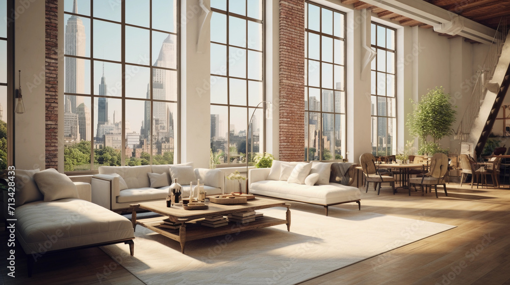 Classy spacious new york living room loft apartment very bright room with full height windows 
