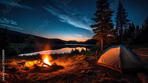 Serene Lakeside Camping Scene at Dusk with Tent and Campfire Under Starry Sky