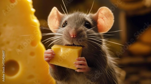  a mouse with a piece of cheese in it's hand and a piece of cheese in the other hand. photo