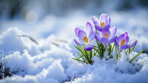 Beautiful crocuses growing through snow, space for text
