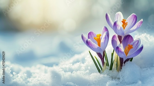 Beautiful crocuses growing through snow, space for text photo