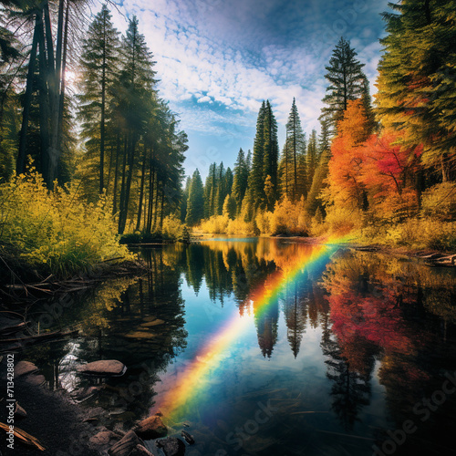 Rainbow lake in a forest