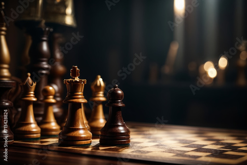 Chess, a close-up of a chessboard in a dimly lit, mysterious room with antique wooden pieces generated with AI