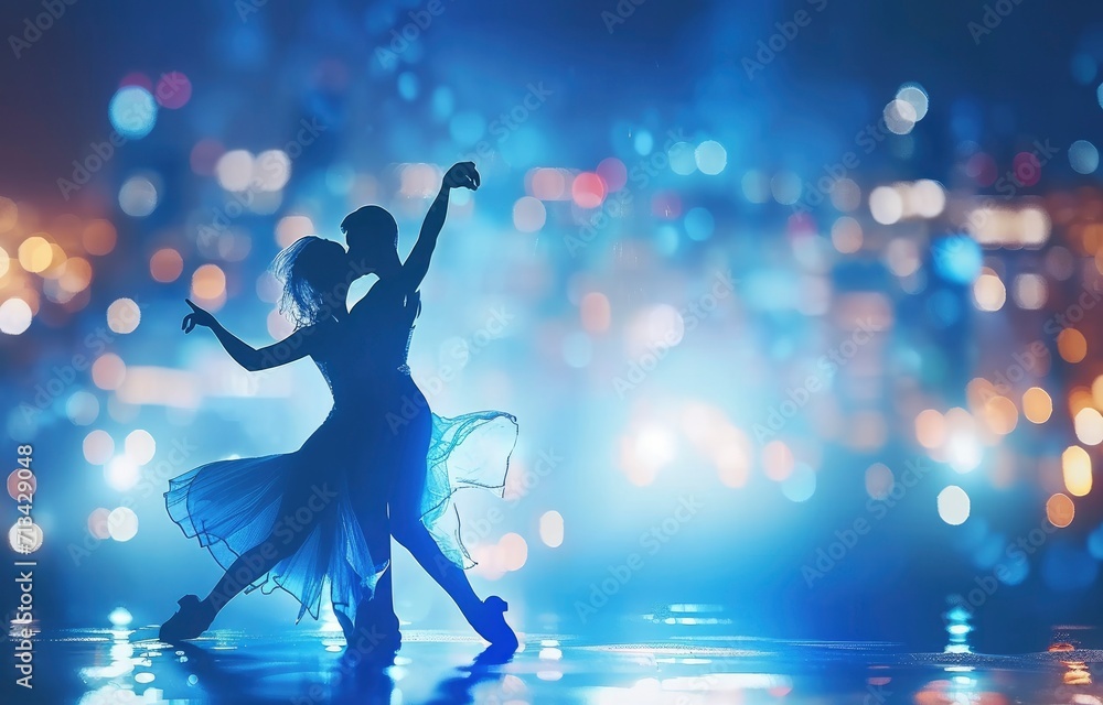 A silhouette of a couple dancing against blue studio background