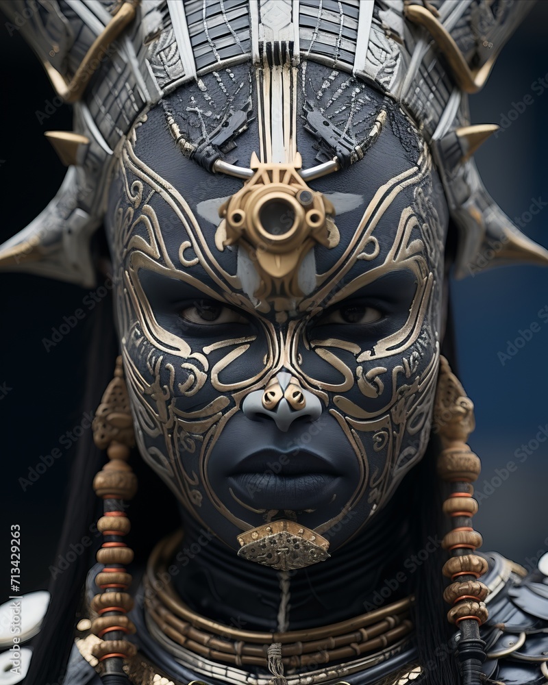 Fototapeta premium Close-up portrait of young dark-skinned man with asian-style face art depicting a majestic leader