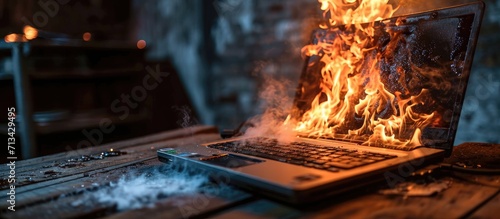 Burning laptop and keyboard equipment fire due to faulty battery and wiring Laptop Computer setting the world on fire Laptop burning in flames Fire hazard Losing valuable data Laptop Damage photo