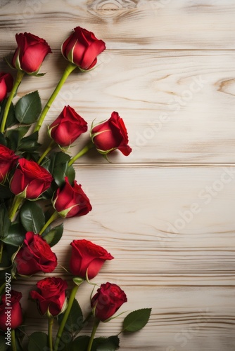 Rustic Romance with Red Roses and Felt Hearts on a Wooden Surface in a Valentine s Day Concept