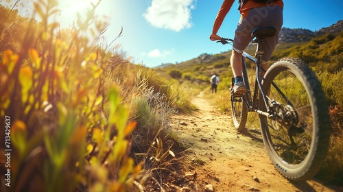 Mountain Biker on a Dusty Trail with Sun Flare in a Picturesque Landscape photo
