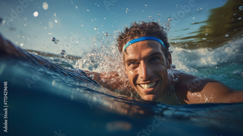 A triathlete emerging from a challenging swim with a look of determination and a radiant smile © basketman23