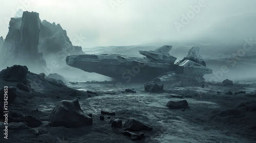 alien black sand landscape, foreground giant Sulphide minerals, spaceship, Nordic rocky black rubble environment, in background is sci-fi futuristic spaceship