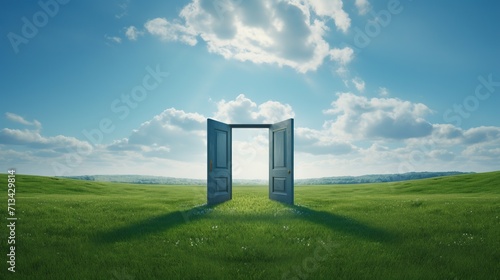Opened Door on Long Path on Green Field. New, Journey, Adventure, Start, Begin, Life, Change 