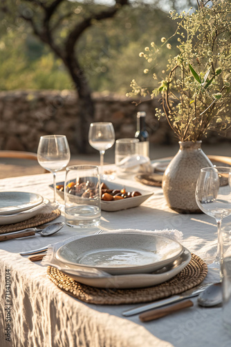 table setting outdoors in a rustic style, against the backdrop of olive trees and a stone fence
