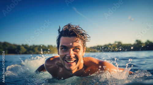 A triathlete emerging from the water with a triumphant expression,  their smile infectious photo
