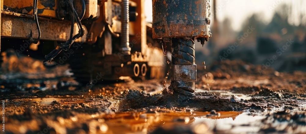 Ground water hole drilling machine selective focus. Copy space image. Place for adding text