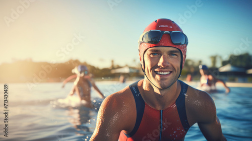 A triathlete transitioning from swimming to cycling with a focused yet smiling expression photo