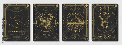 Set of Modern magic witchcraft cards with astrology Taurus zodiac sign characteristic. Vector illustration