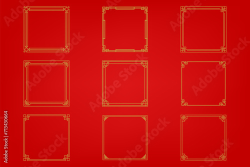 Chinese frame or border set on red background. traditional asian ornaments, golden oriental