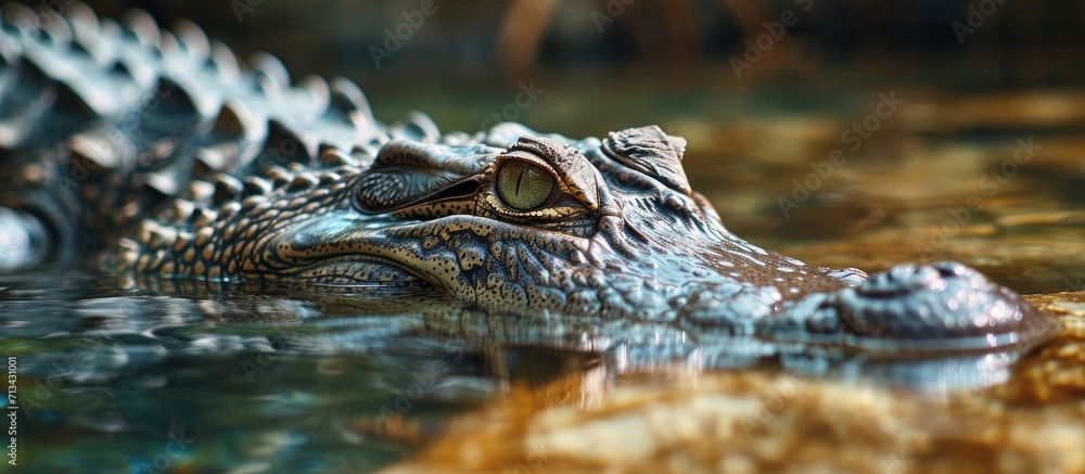 Saltwater crocodile. Copy space image. Place for adding text
