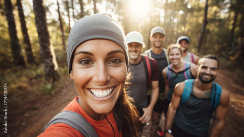 A group of friends in a post-trail run group photo,  all smiles and high spirits photo