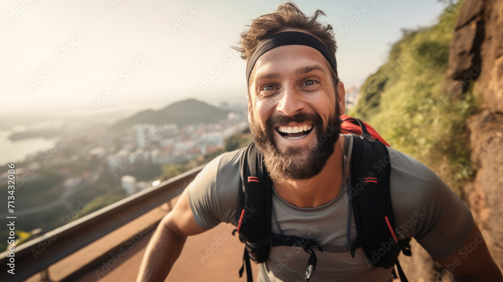 A triathlete conquering a steep hill with a triumphant smile
