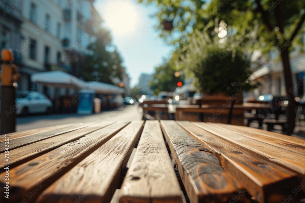 outdoor wooden table near street with blue sky and blurred traffic Generative AI