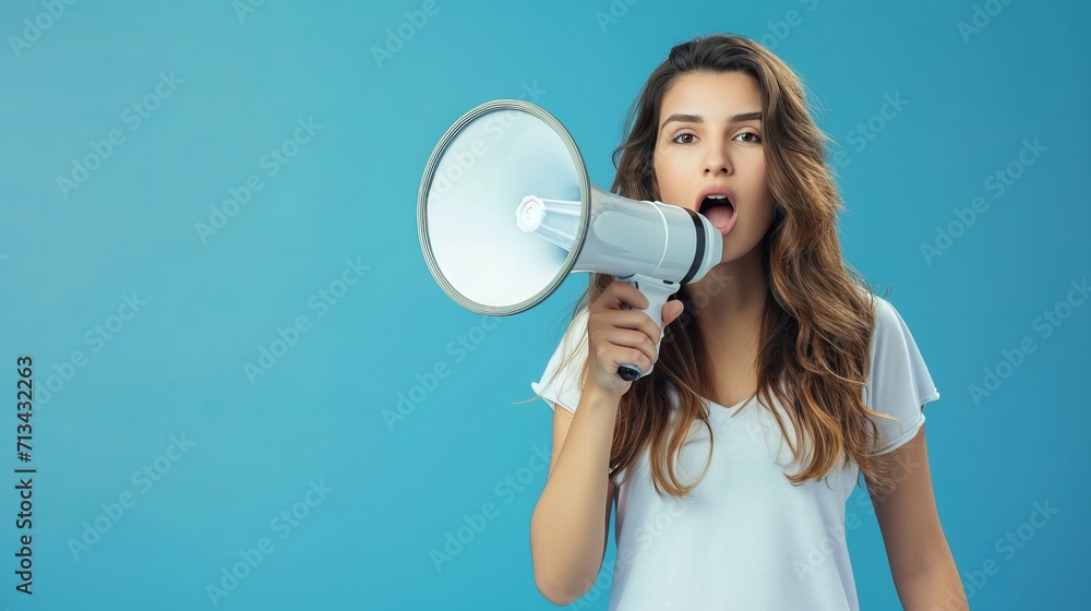 A young brunette woman in a white t-shirt screams into a megaphone against a teal background, showcasing genuine emotions. Space for text. A young brunette woman in a white t-shirt screams into a megaphone against a teal background, showcasing genuine emotions. Space for text.