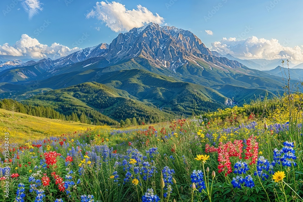 A majestic mountain peak rising above a lush green meadow, the beauty of nature in full display, with a beautiful sunrise illuminating the summer field, colorful flowers dotting the landscape