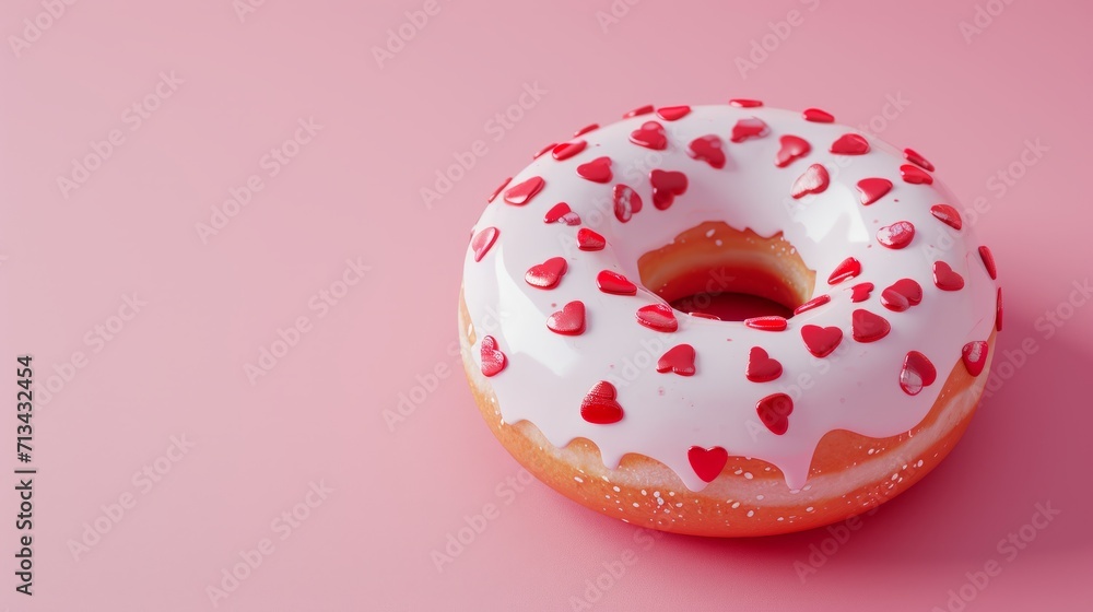 Donuts with red, pink hearts sprinkles on dusty rose pink background. Sugar, calories, homemade sweets concept. st. valentines concept Donuts with red, pink hearts sprinkles on dusty rose pink background. Sugar, calories, homemade sweets concept. st. valentines concept