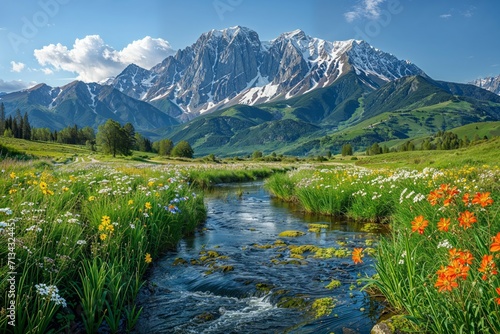 A tranquil green meadow leading to a majestic mountain peak, bathed in the soft light of a summer sunrise, the field alive with colorful flowers, a clear river winding through verdant hills