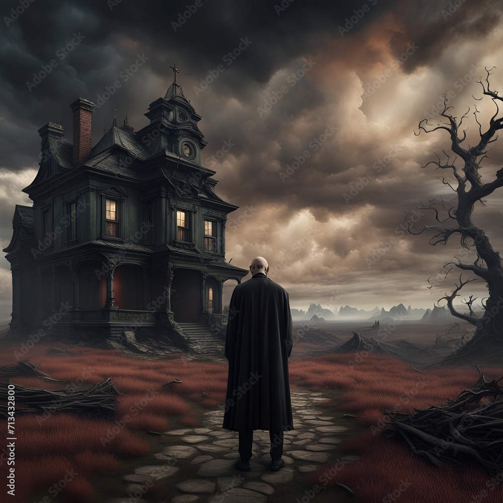  A creepy man shown from behind in a long black ruined mantle. In the background is a haunted house in a surrealistic landscape with a dramatic clouds