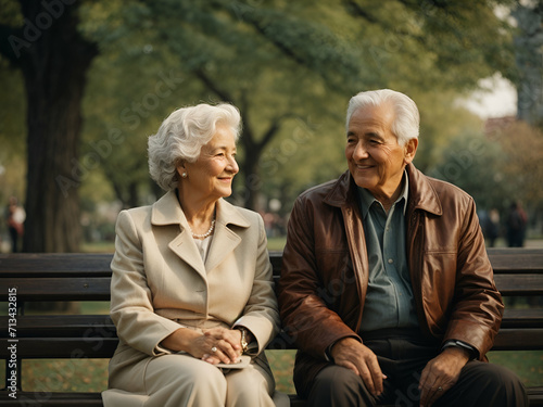 Happy old married couple on the bench in the city park in golden hour. Ai generated photo