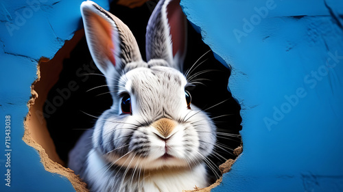 The rabbit gnawed a hole in the wall, a rabbit hole. Blue background for Easter.