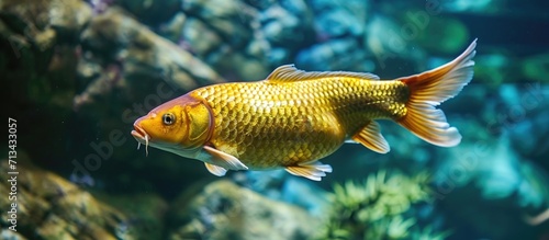 Golden yellow Ogon Koi carp Cyprinus rubrofuscus koi fancy fish swimming in aquarium Ogon is a metallic koi of one color only hikarimono The Japanese name means gold. Copy space image photo